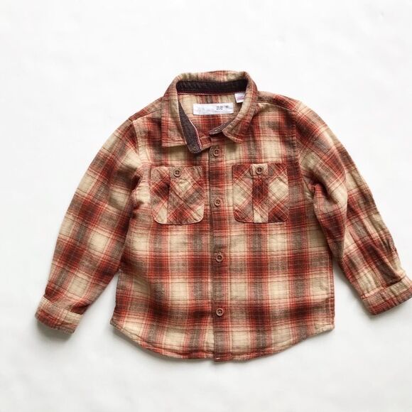 Zara orange/tan plaid button down flannel top EUC 18-24 months - Picture 1 of 5